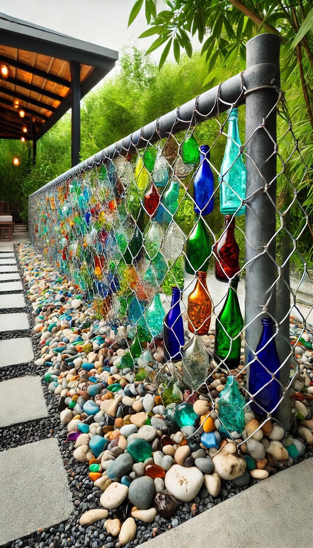 Decorative Gabion Fence with Glass Bottles