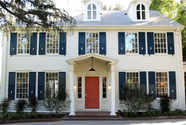 Front door colors for white house with blue shutters.