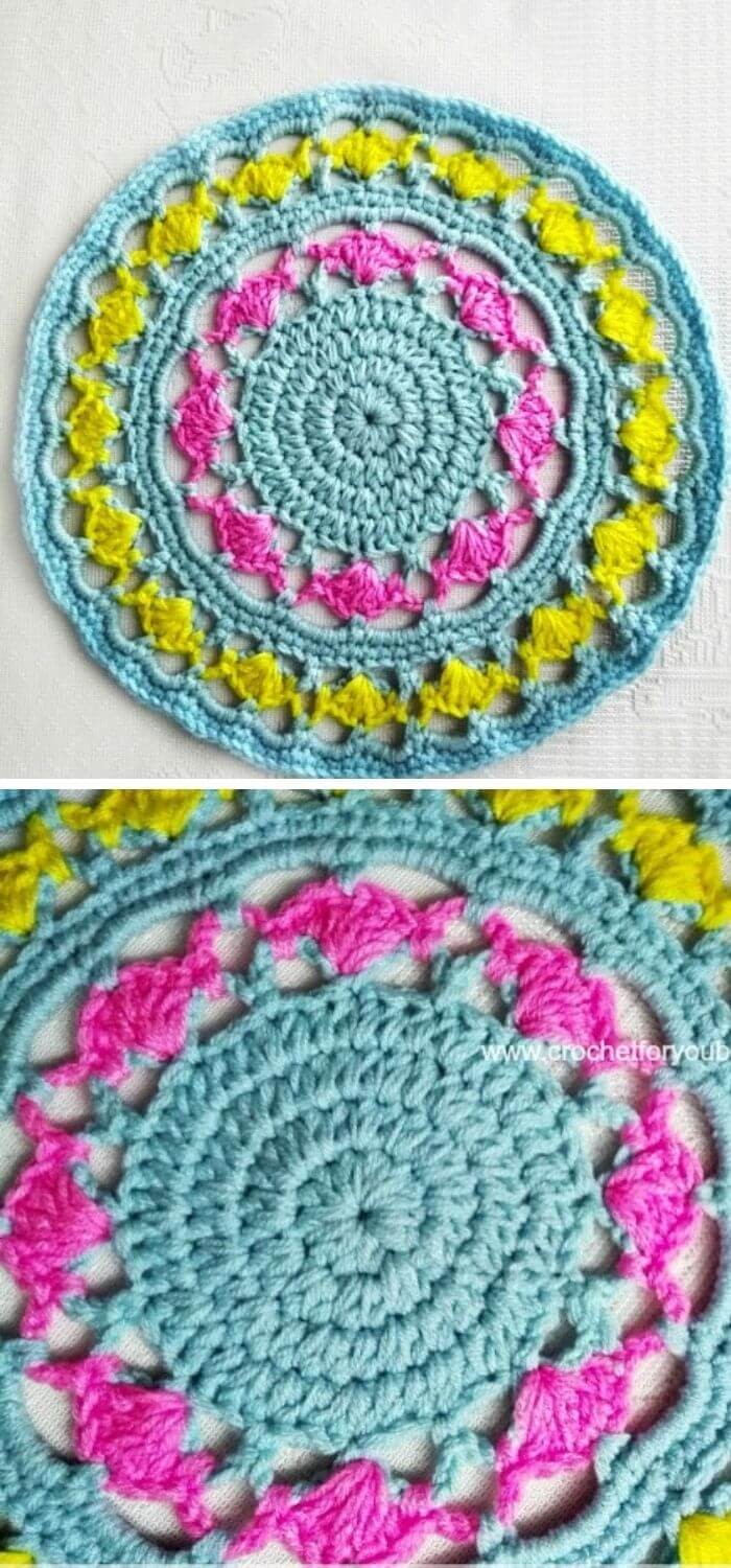 Round crochet mandala with Tulips