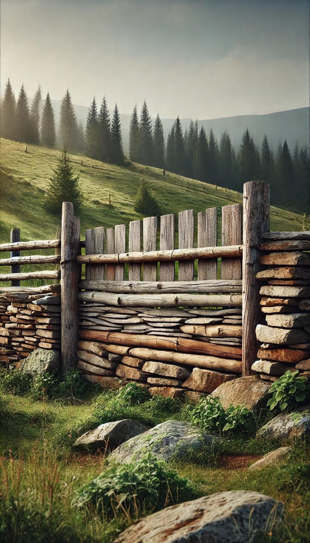 Stone and Wood Combination Fence