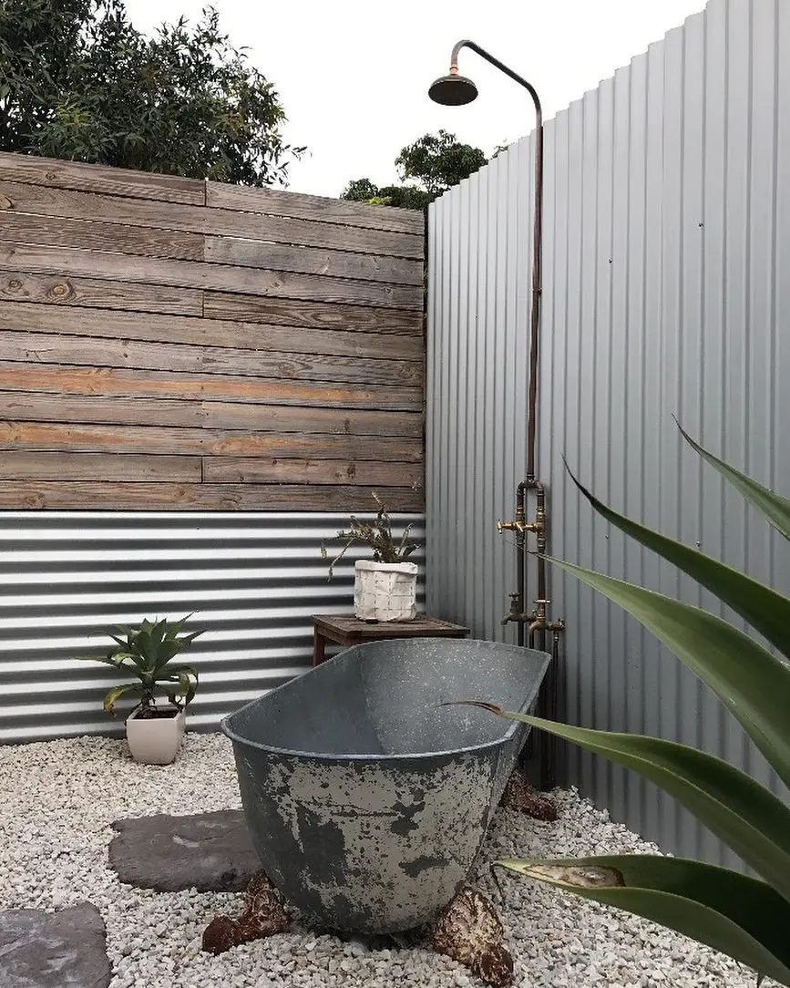 Rustic Stone, Timber Iron and Copper Outdoor Shower and Bathtub