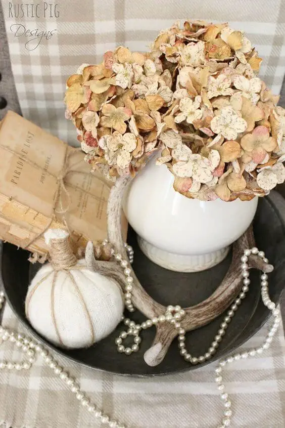 Dried hydrangeas with white pumpkin