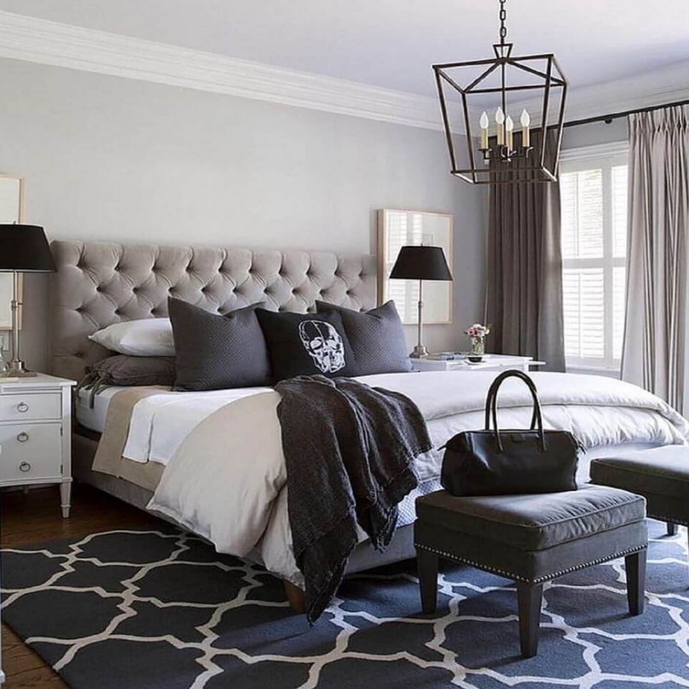 Grey, black, and navy bedroom