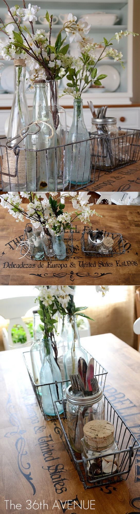 A table top with Sprigs of Flowers from Old Bottles