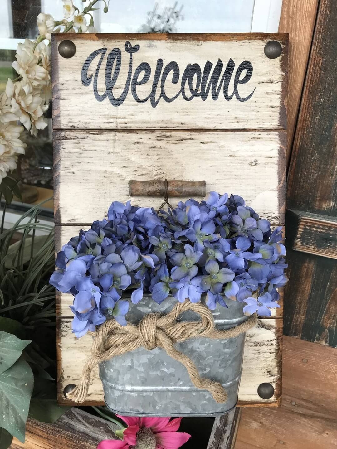 Welcome Sign with Tin Bucket