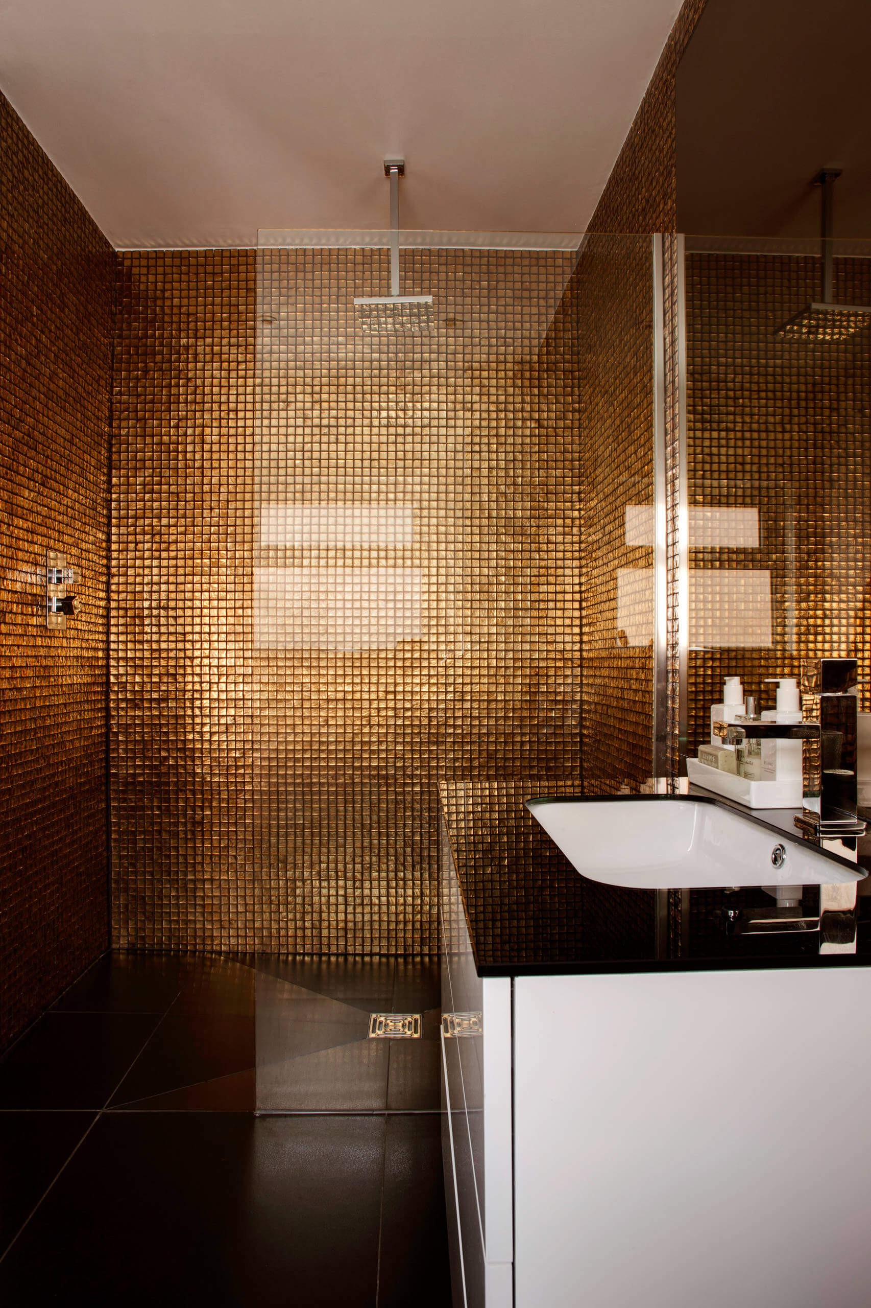 #13. Golden mosaic tiled wet-room