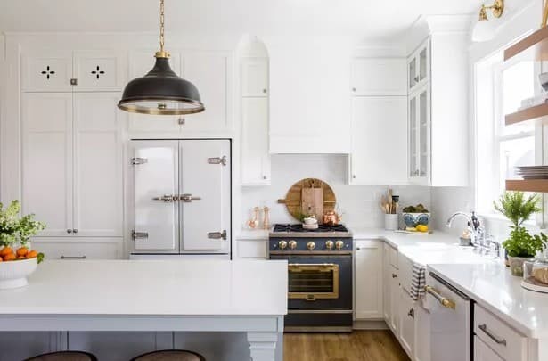 Charcoal gray Appliances + White Cabinets.