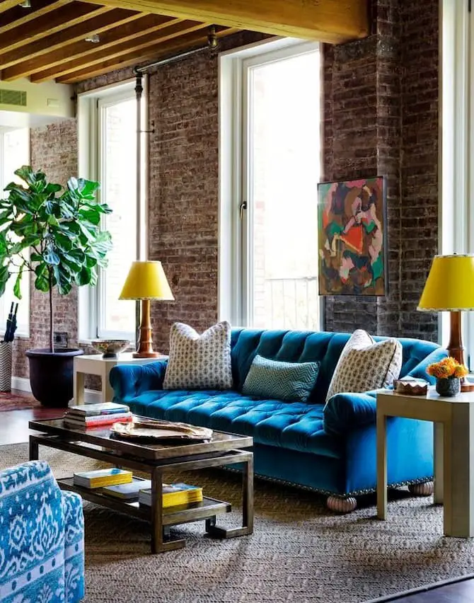 Industrial blue couch living room