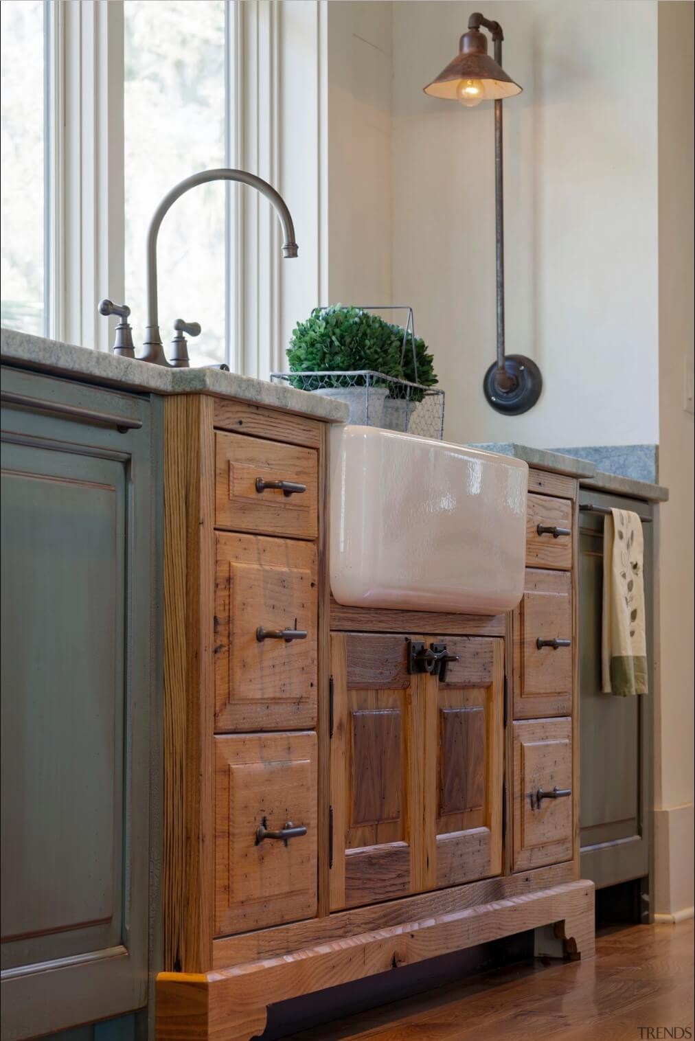 Sink cabinet juts out into the room