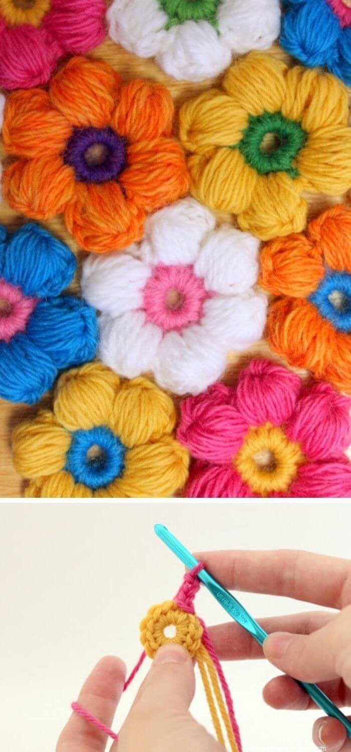 Puff stitch crochet flower blanket