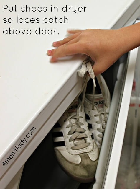 If you want to avoid the shoe bang in the dryer, wedge knotted laces in the dryer door