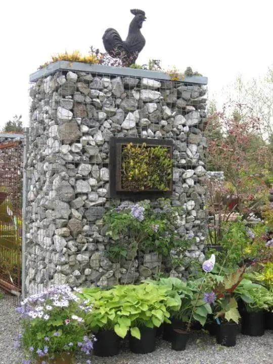 Tall gabion with vertical succulent tile