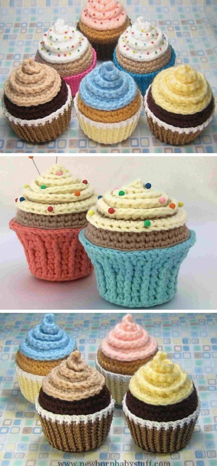 Crochet Cupcakes with Frosting and Sprinkles