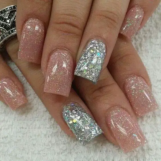 Pink Glitter with Silver Glitter Nail Design