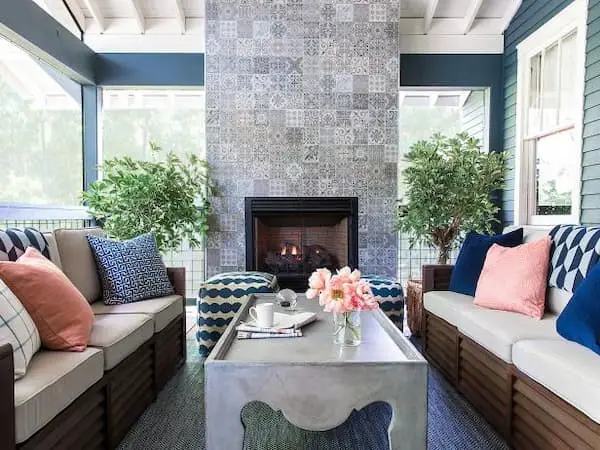 Screened in porch ideas with fireplace