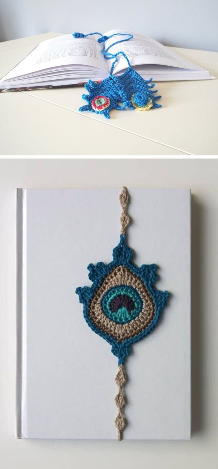 Crochet Peacock Feather Bookmark.