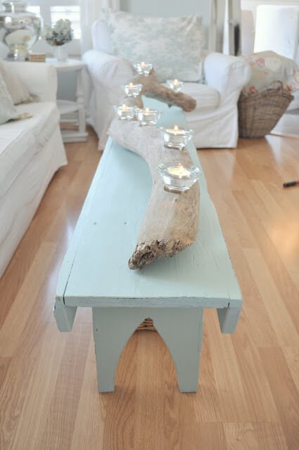 #20. Bench coffee table with driftwood candleholders