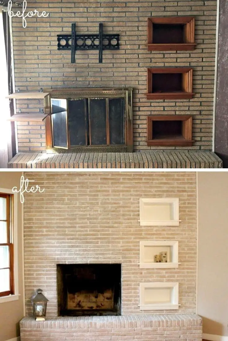 Rustic painted brick fireplace