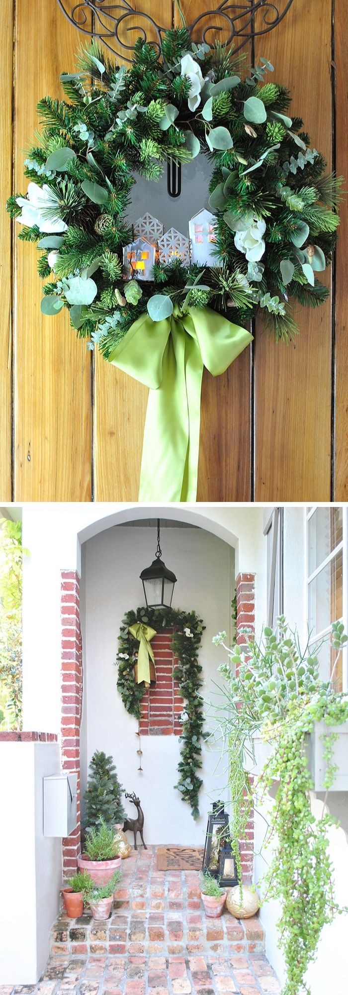 Adding a farmhouse styled wreath and garland