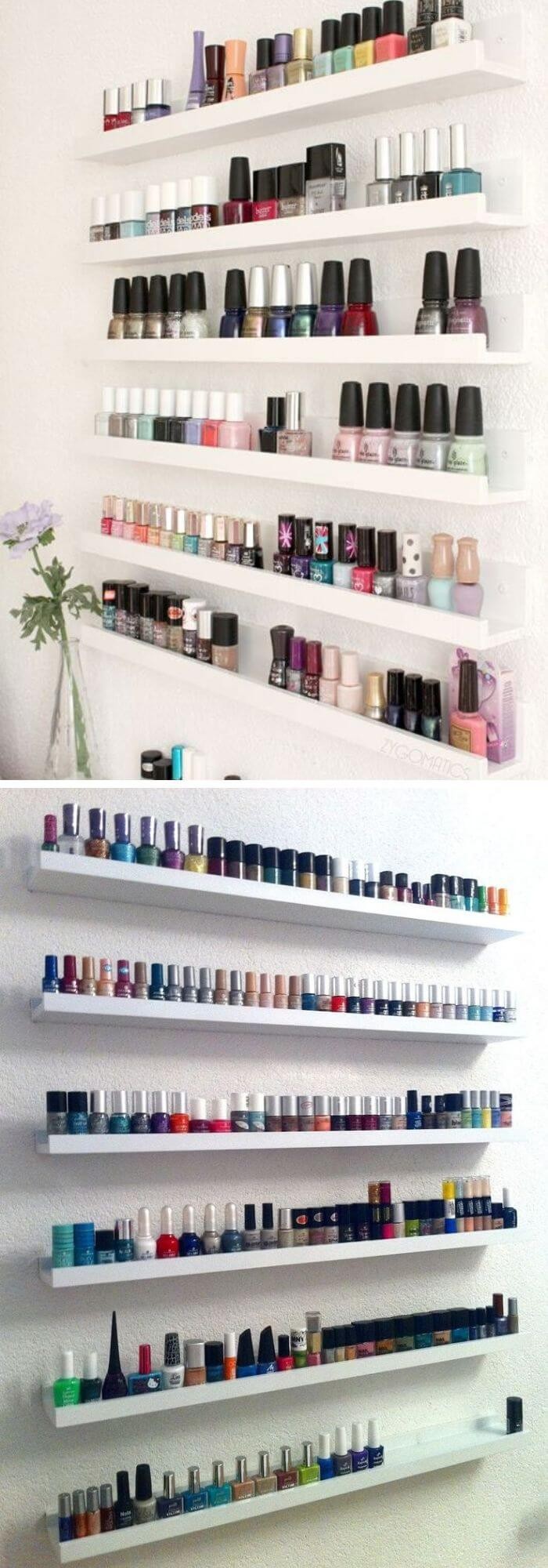 Store nail polish on a picture ledge.