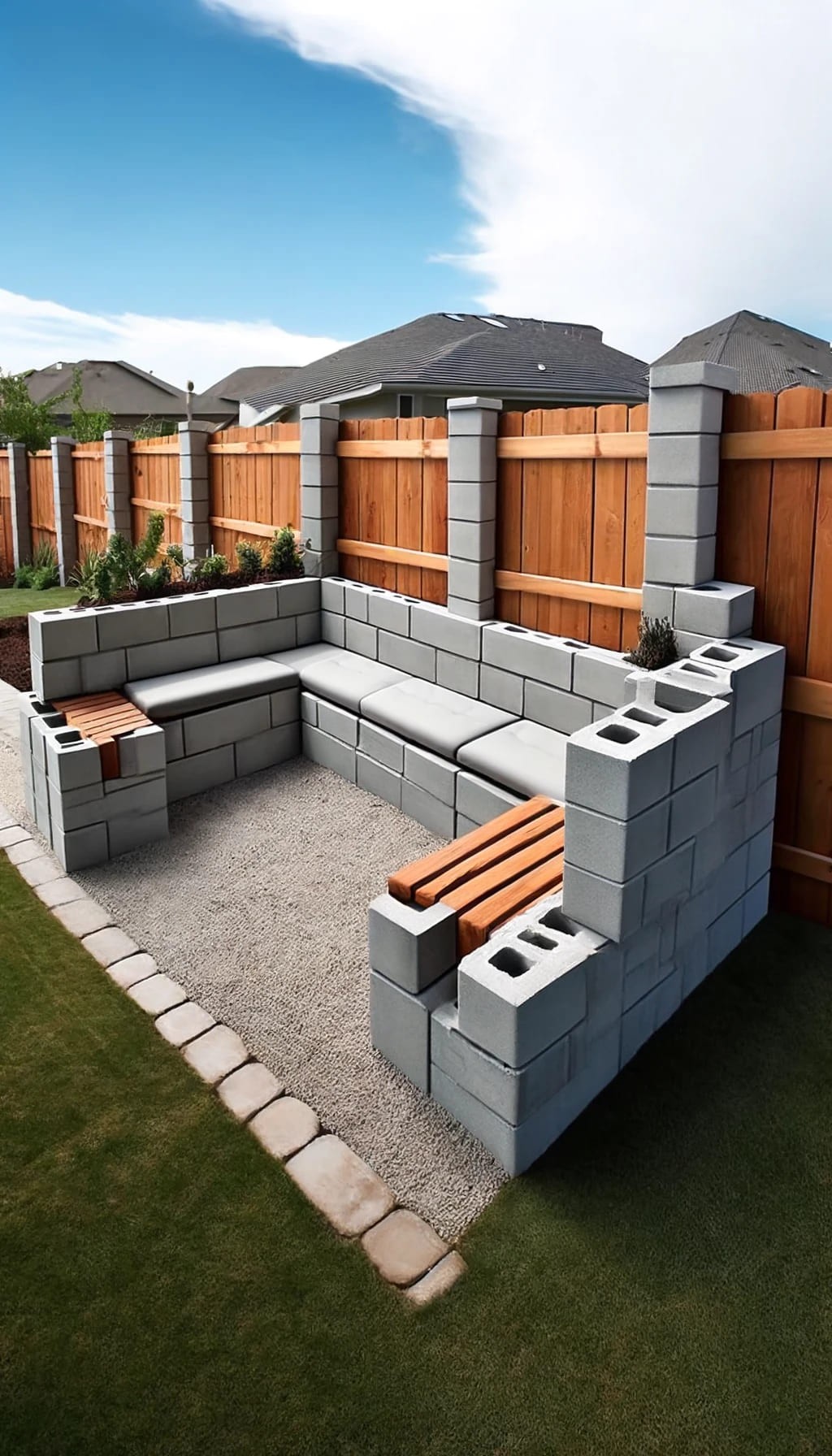 Cinder Block Fence with Built-In Seating