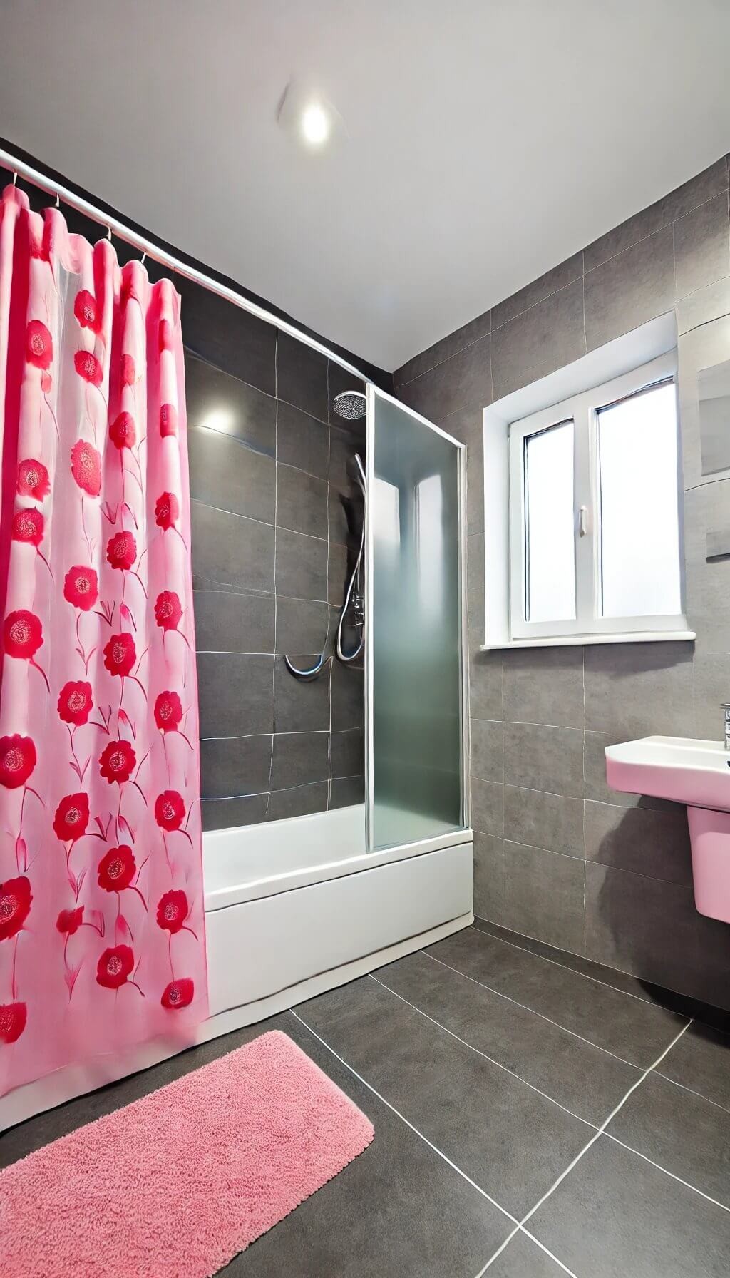 Pink Shower Curtains with Grey Tiles