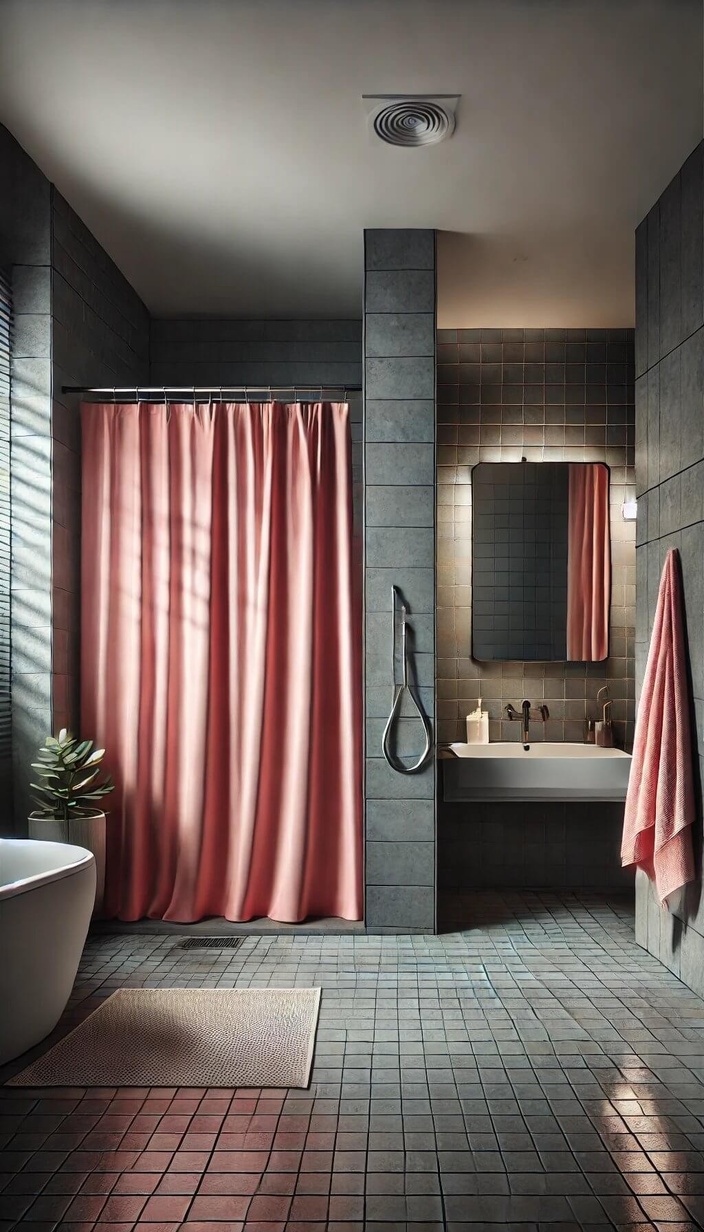 Pink Shower Curtains with Grey Tiles