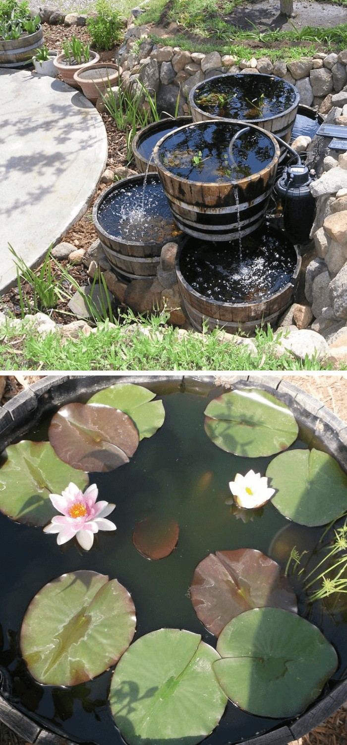 Use wine barrels as a garden fountain