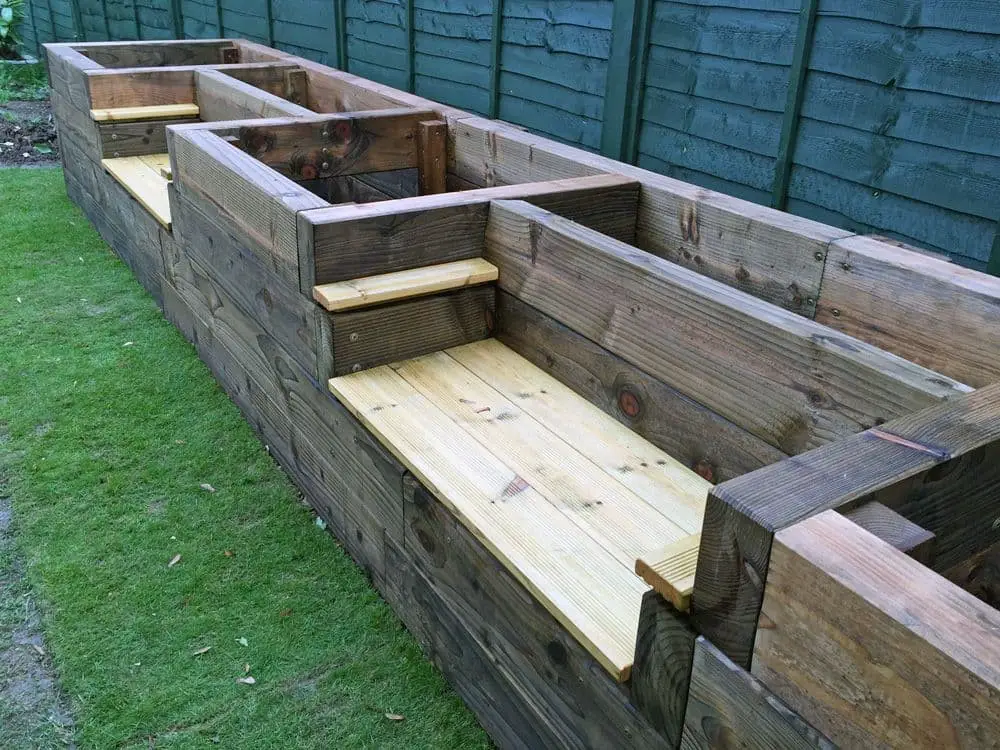 Sleeper raised garden bed with benches