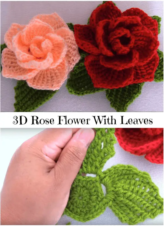 Crochet 3D Rose Flower with Leaf