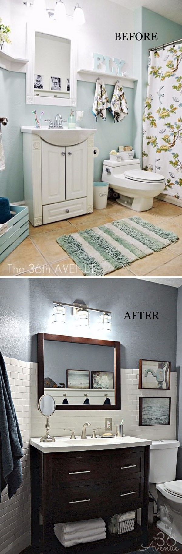 #10. Modern Bathroom combine metallic accents, dark furniture, white subway tile