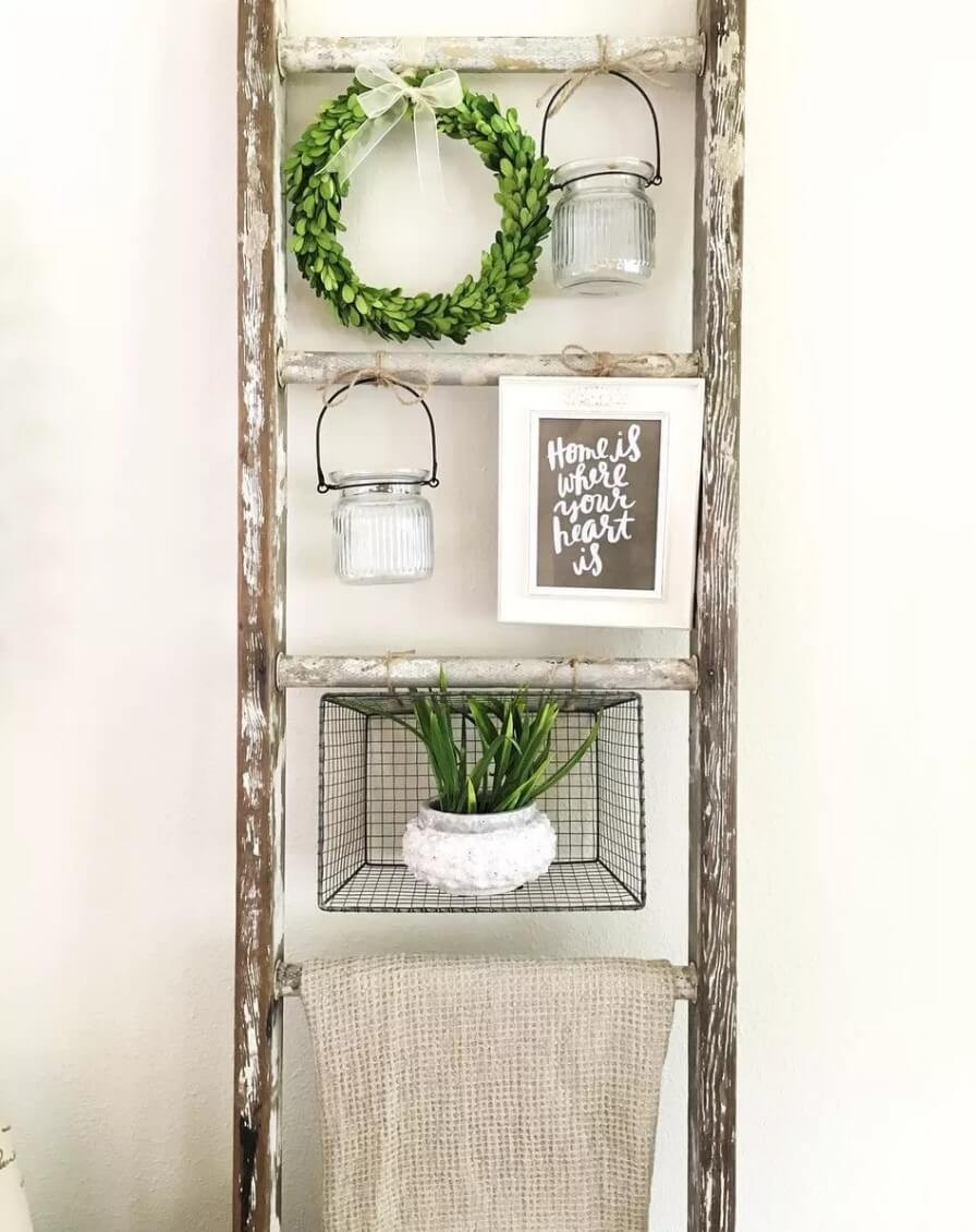 Shabby styled Ladder With Baskets Overhead