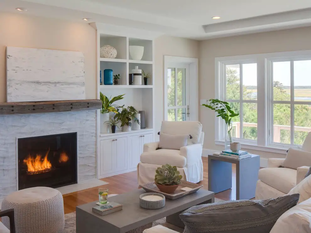 Coastal farmhouse fireplace ideas.