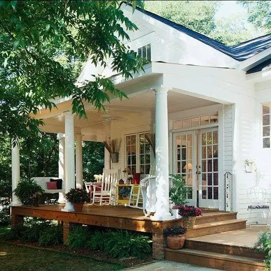 A raised platform back porch