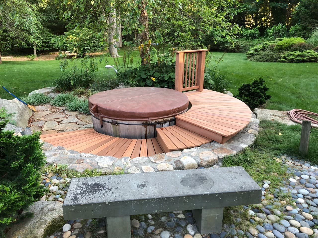 Hot tub on a round deck