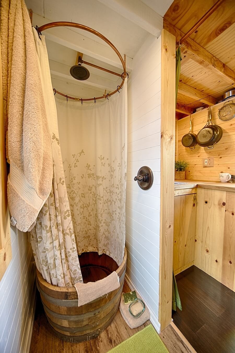 Shower space inside tiny tack house