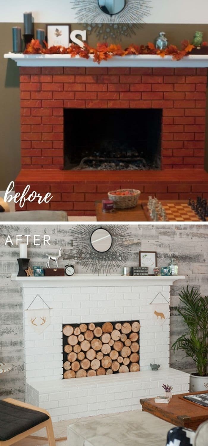 White painted brick fireplace