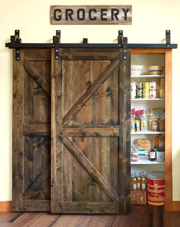 Wood Barn Doors with a vintage “Grocery” sign