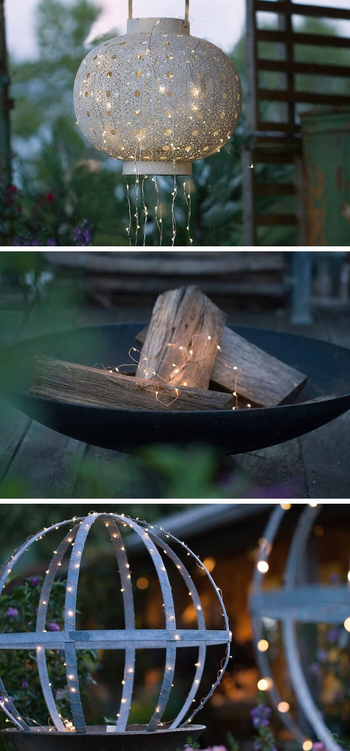 Outdoor lighting with lantern, logs