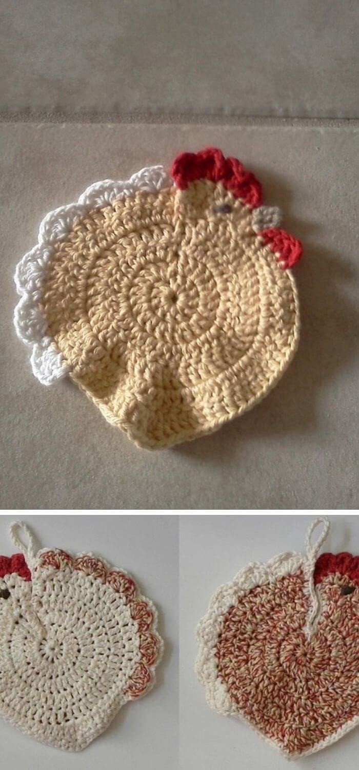 Crochet specked hen potholder