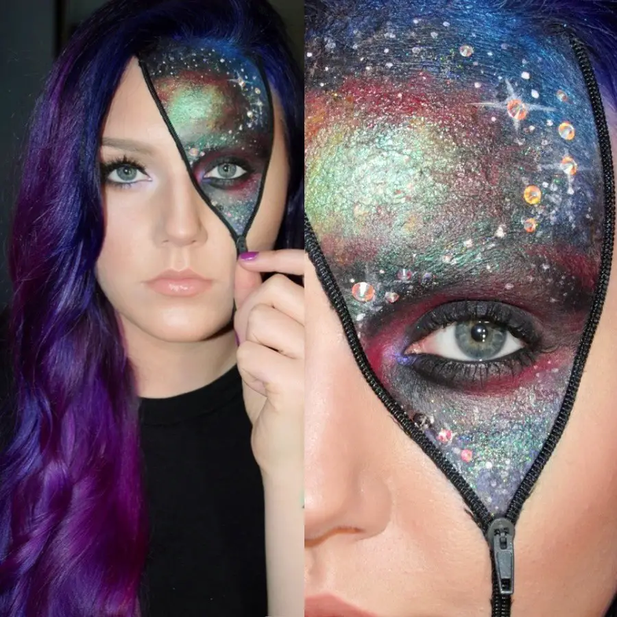 Girl with halloween makeup with a zipper and half of the face like a galaxy