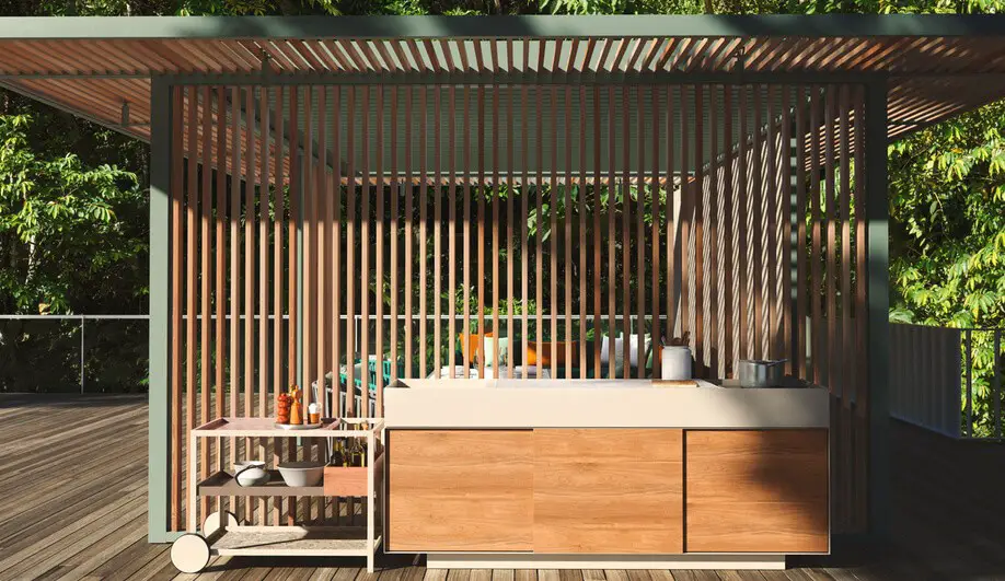 23-26. Slatted wood outdoor kitchen