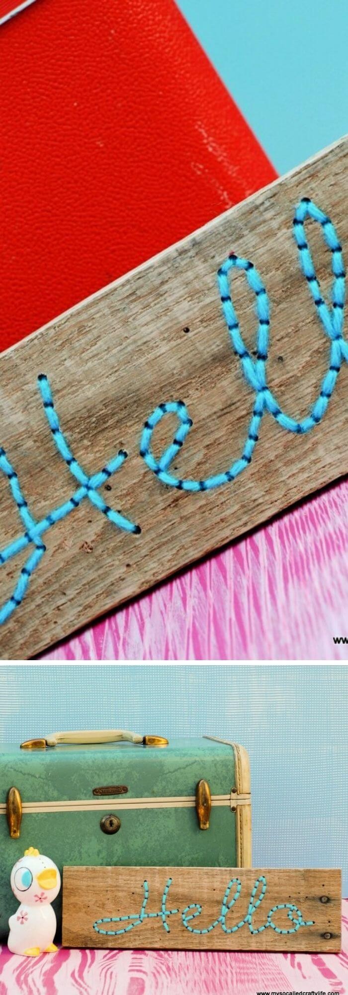 DIY Embroidered ‘Hello’ Pallet Wood Art