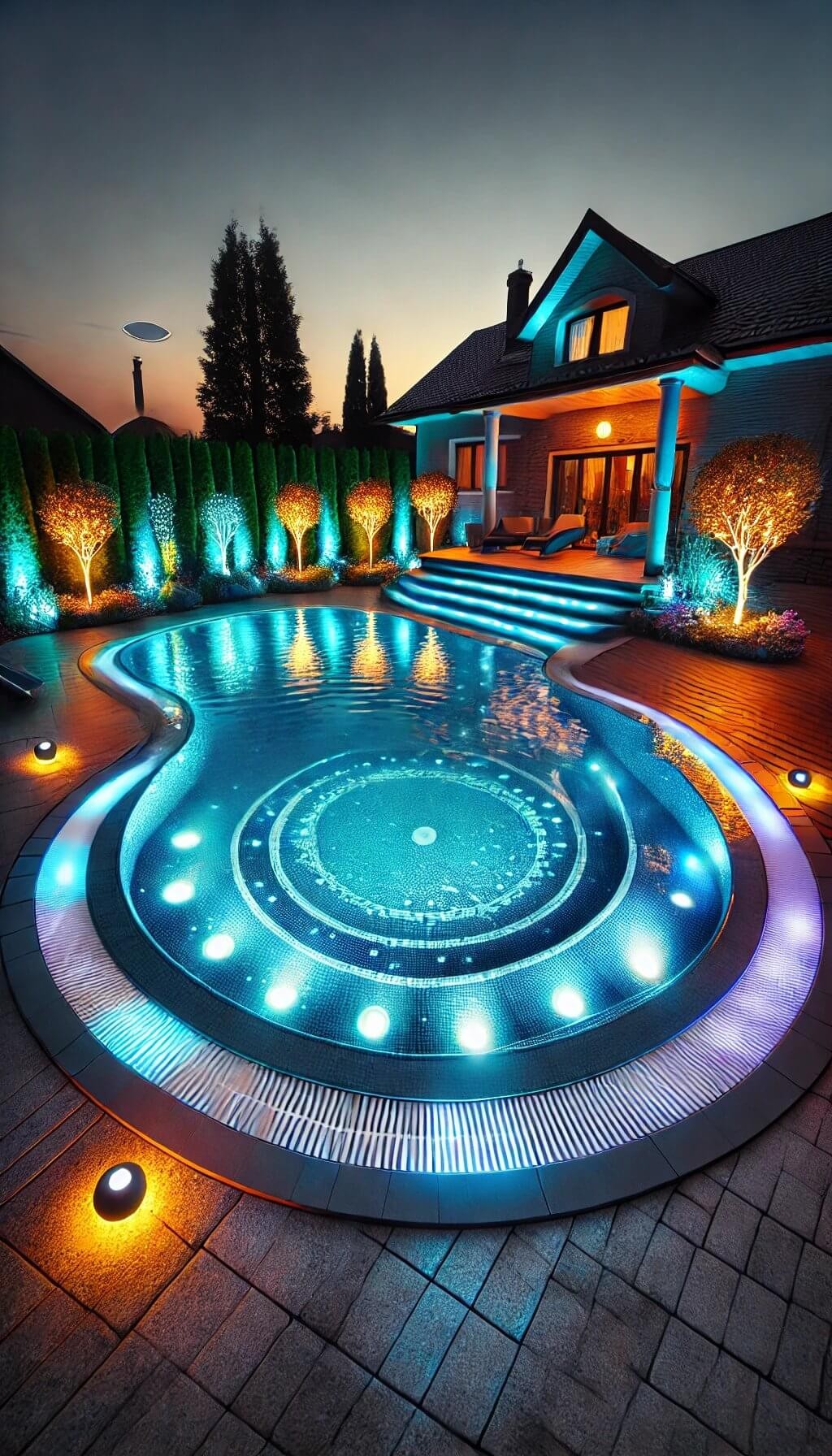 Semi Inground Pool with Lighting Features