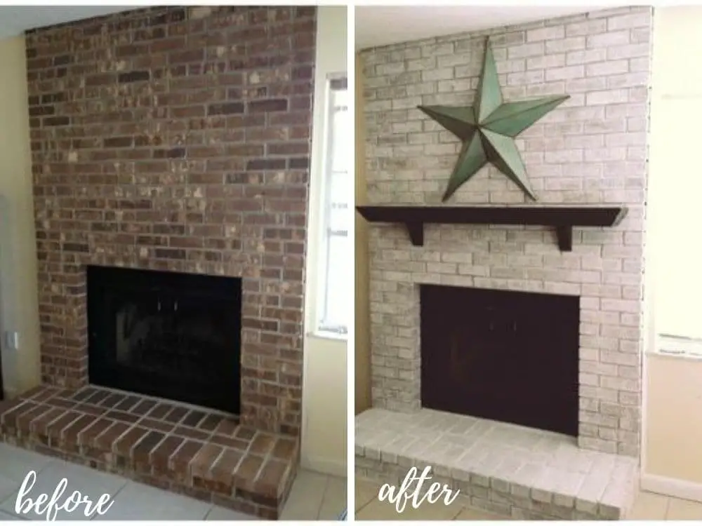 Whitewash painted brick fireplace