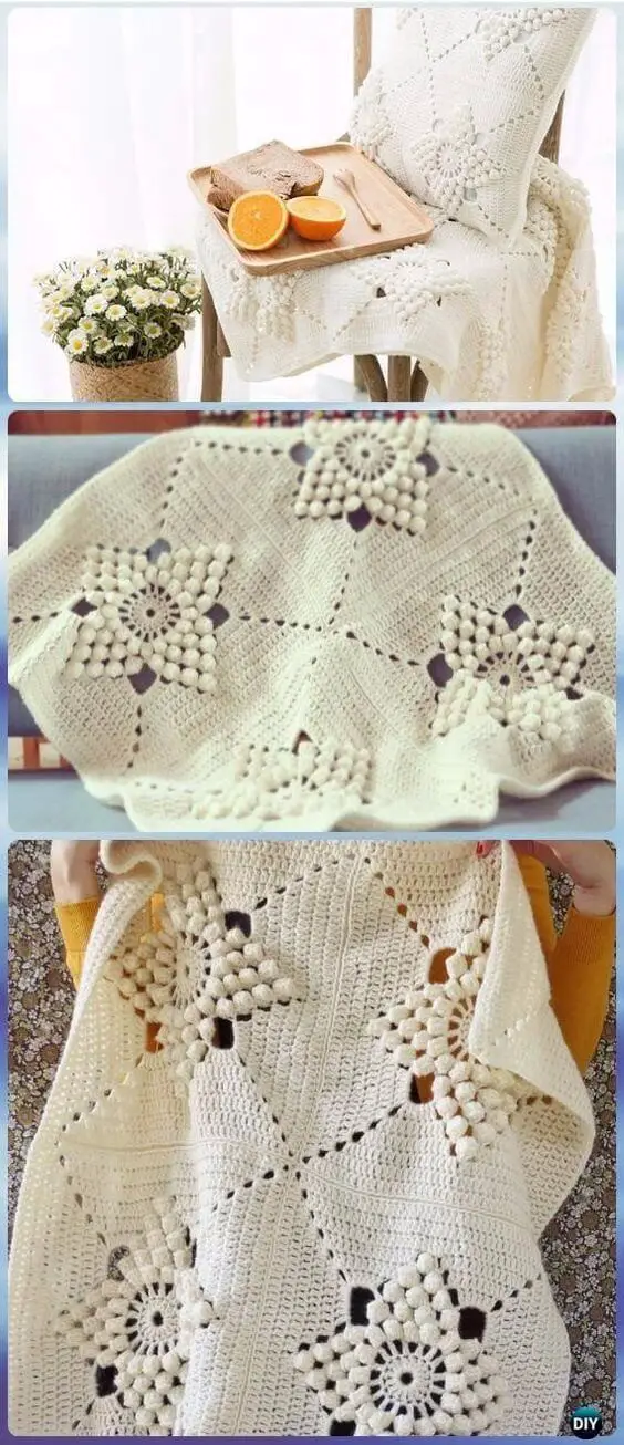 Crochet Embossed Popcorn Flower Smitten Blanket