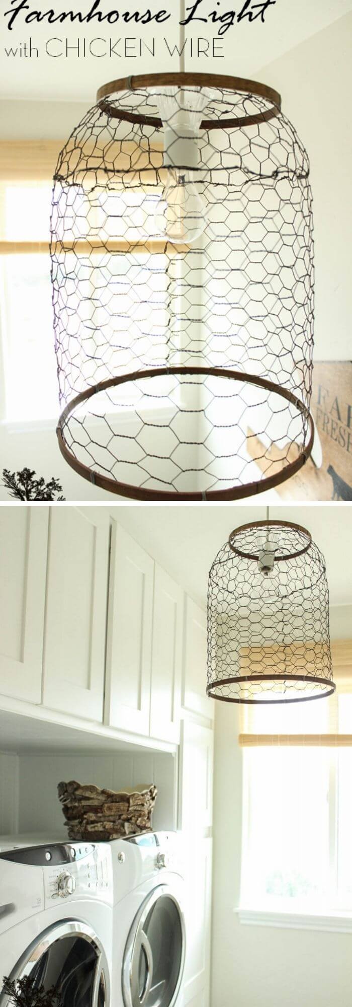 DIY farmhouse light from chicken wire for laundry room