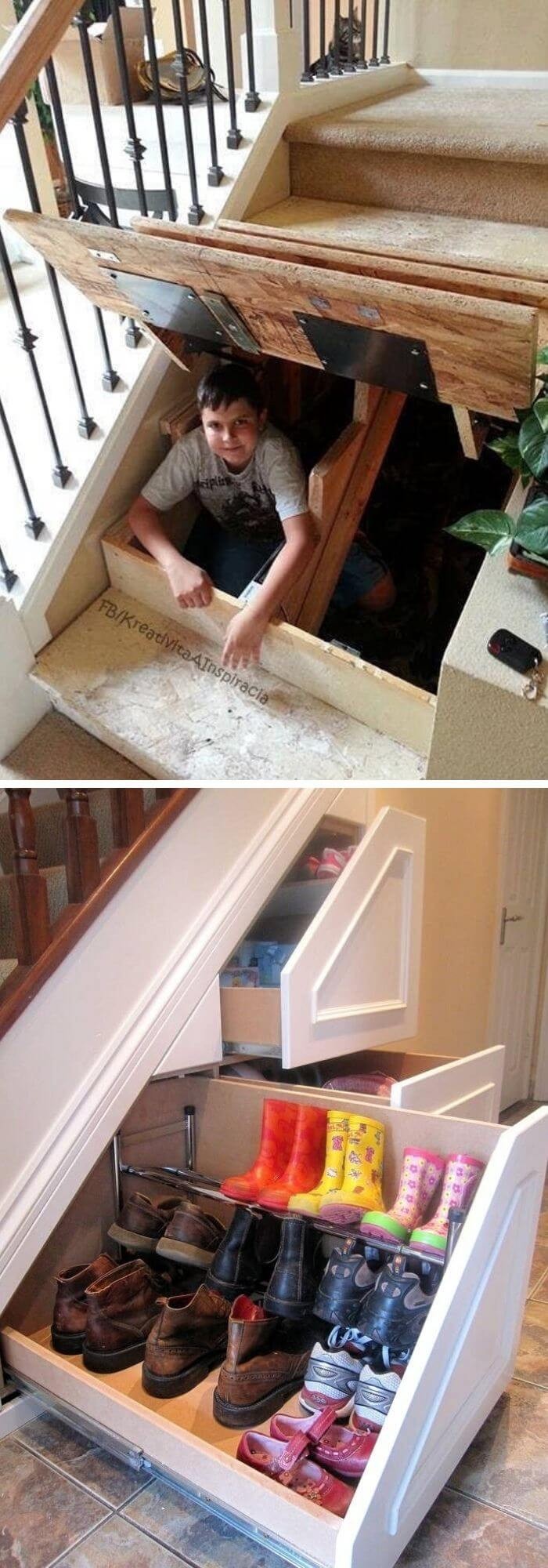 Use the space under the stairs for storage