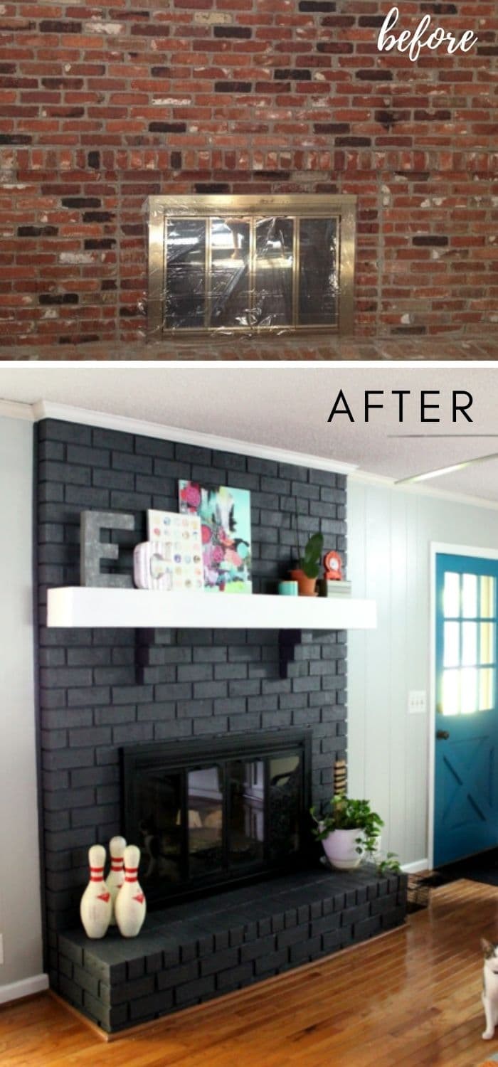 Dark grey painted brick fireplace