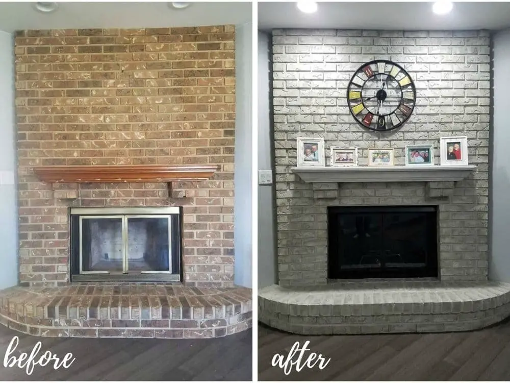 Gray painted brick fireplace